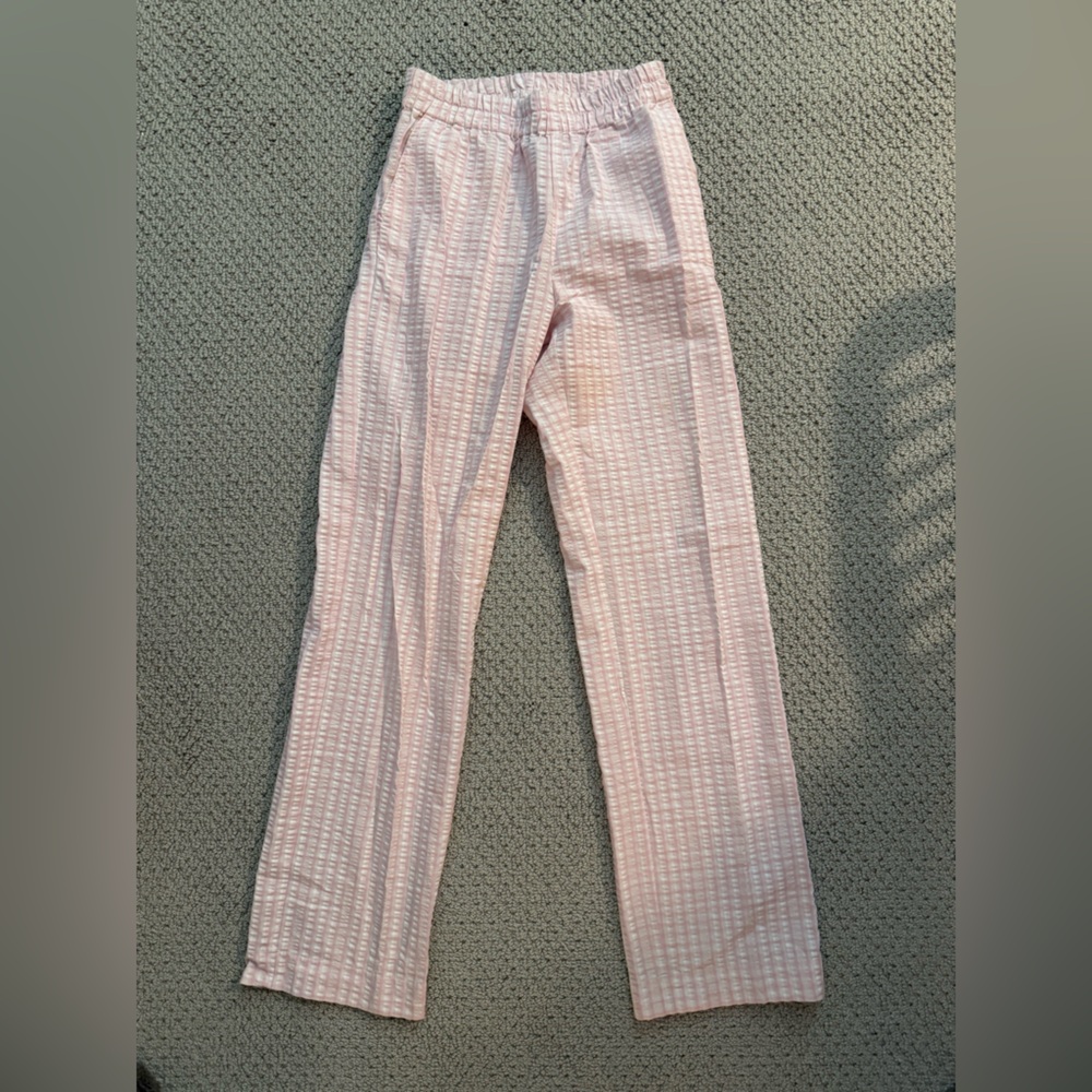 Pink Textured Linen Wide Leg Pants